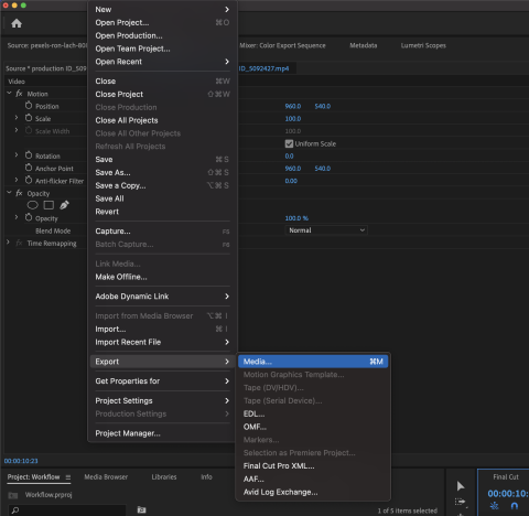 Screen shot showing the Export Media option in the Adobe Premiere menu