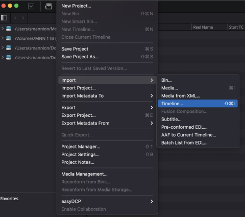 Screen shot showing where the import Timeline option is in DaVinci Resolve