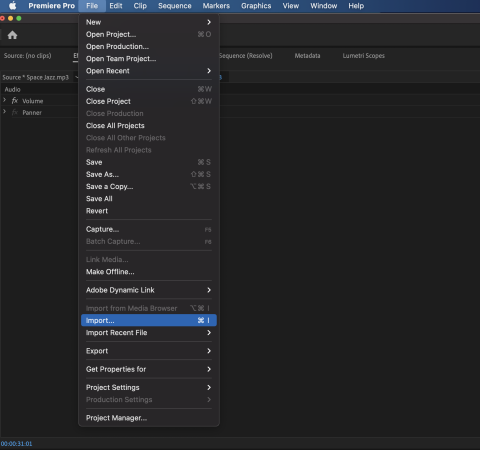 Screen shot showing how to find the Import option under the File menu in Adobe Premiere