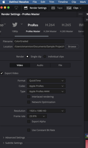 Screen Shot showing the ProRes Master options in DaVinci Resolve's Deliver Page