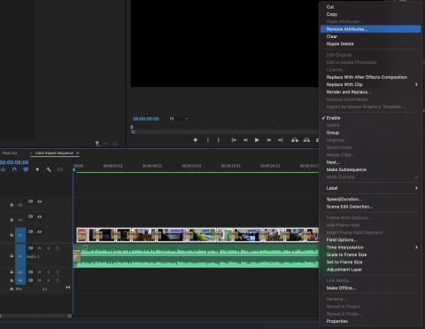 Screen shot of the context menu in Adobe Premiere with the Remove Attributes option highlighted.