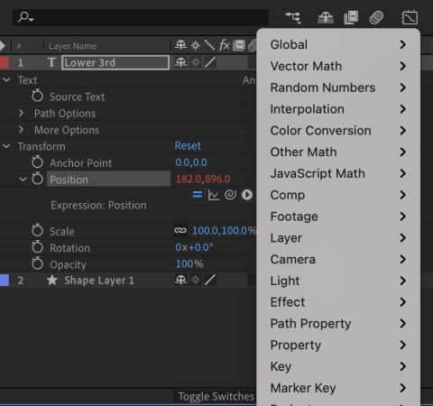 Screenshot of Adobe After Effects with the Expressions menu displayed