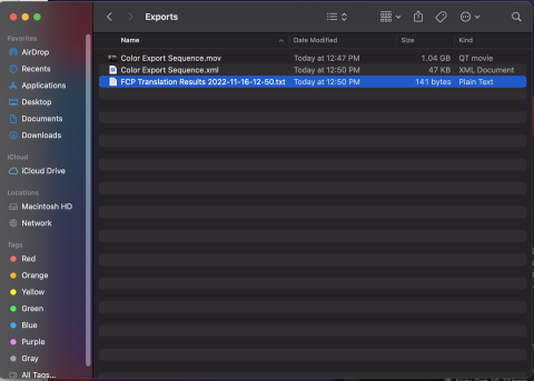 Screen shot showing the FCP XML Translation Results File Location